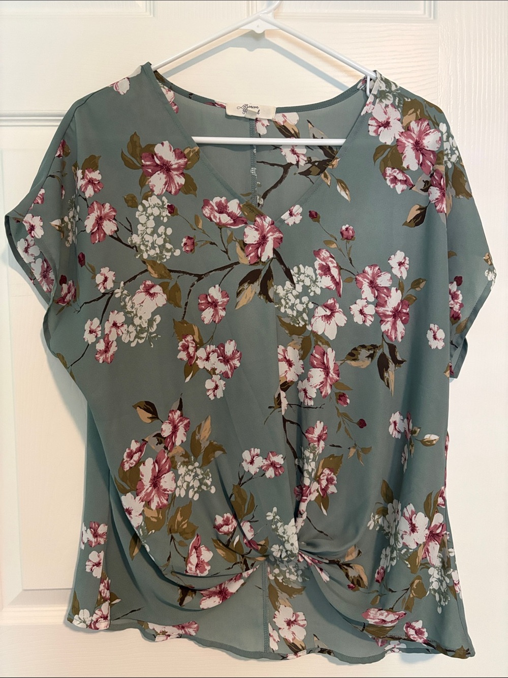 Floral Twist-Front V-Neck Blouse - Sage Green with Pink Blossoms